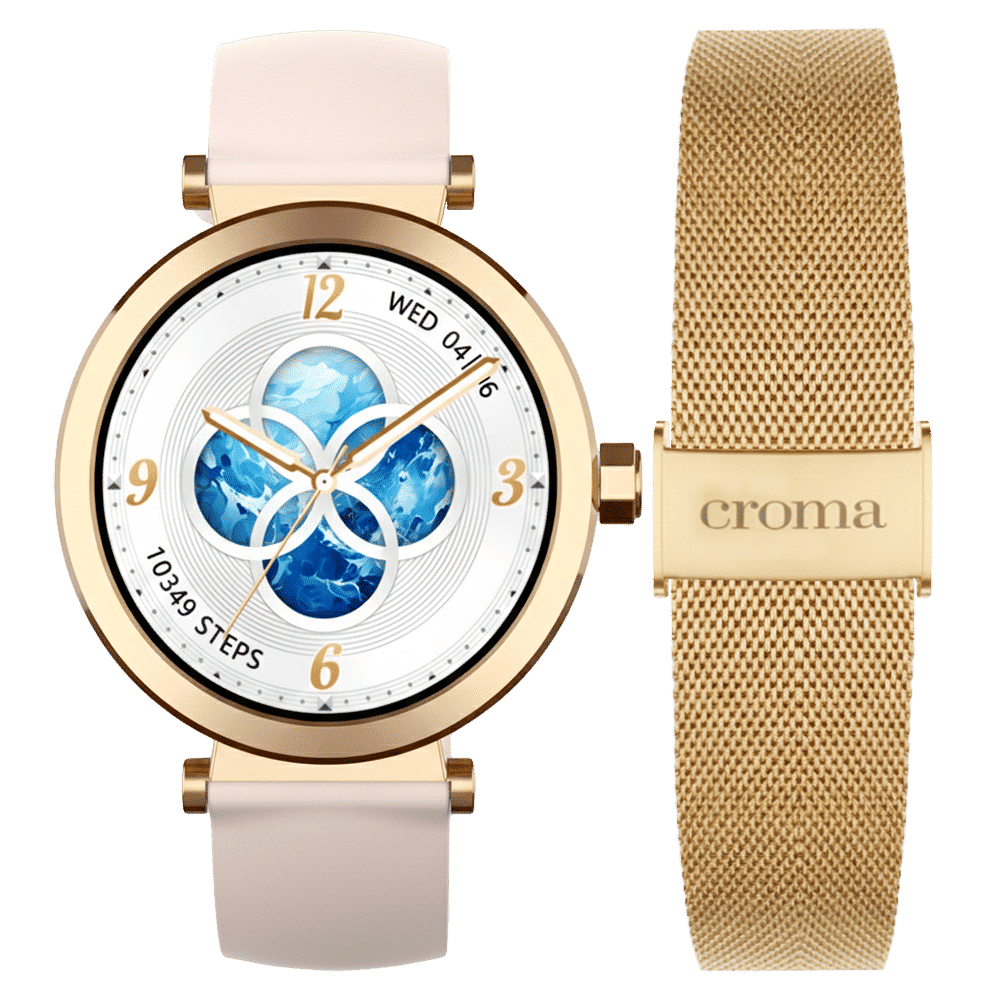 Croma VELCOITY GF Smartwatch with Bluetooth Calling (2025 Model, 1.32inches AMOLED Display, IP68 Waterproof, Rose Gold Strap)