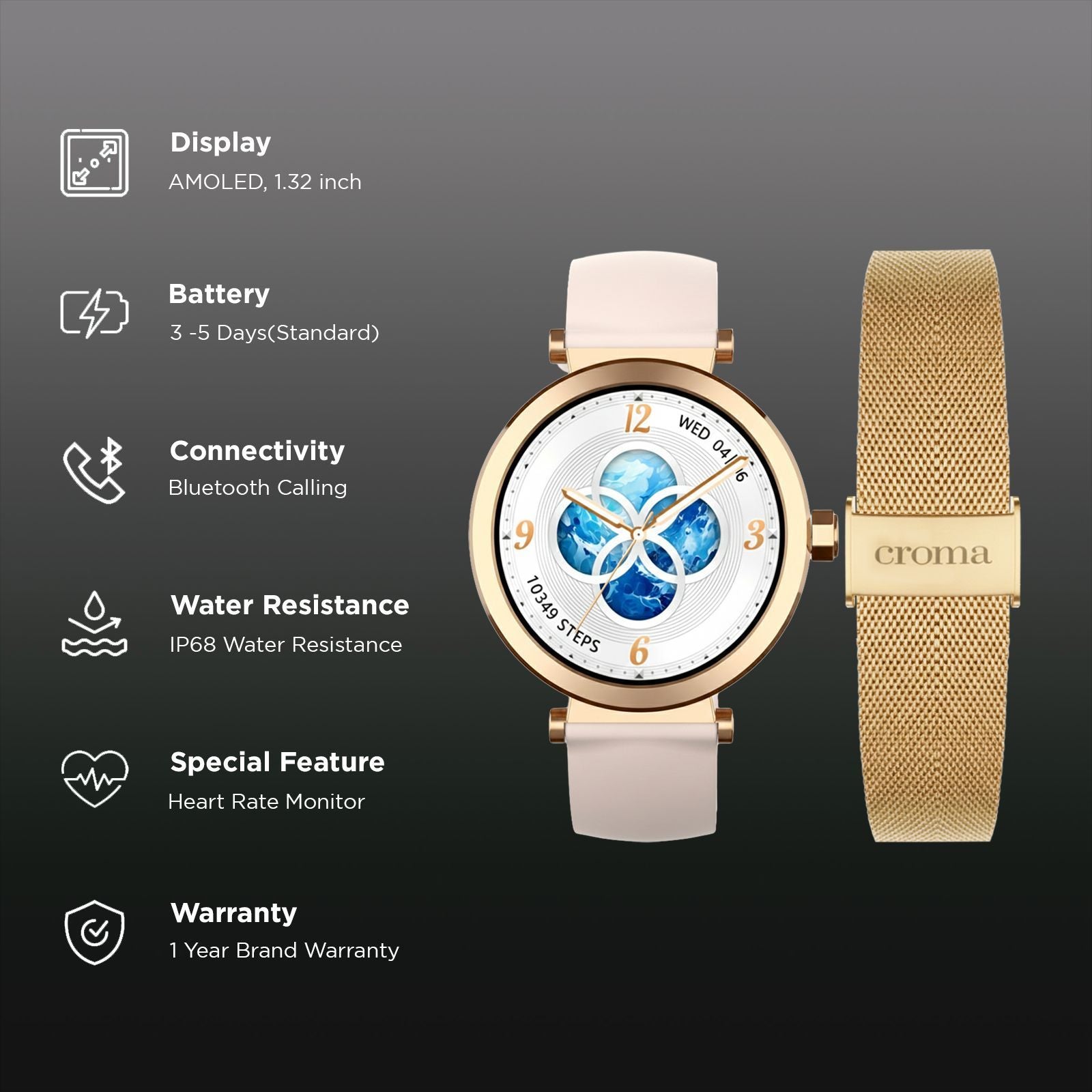 Croma VELCOITY GF Smartwatch with Bluetooth Calling (2025 Model, 1.32inches AMOLED Display, IP68 Waterproof, Rose Gold Strap)