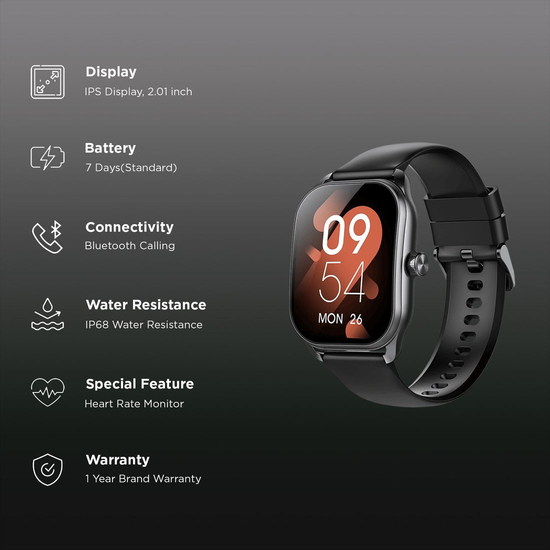 Croma Squad CS Smartwatch with Bluetooth Calling (2025 Model, 51.05mm Curved IPS Display, IP68 Water Resistant, Black)