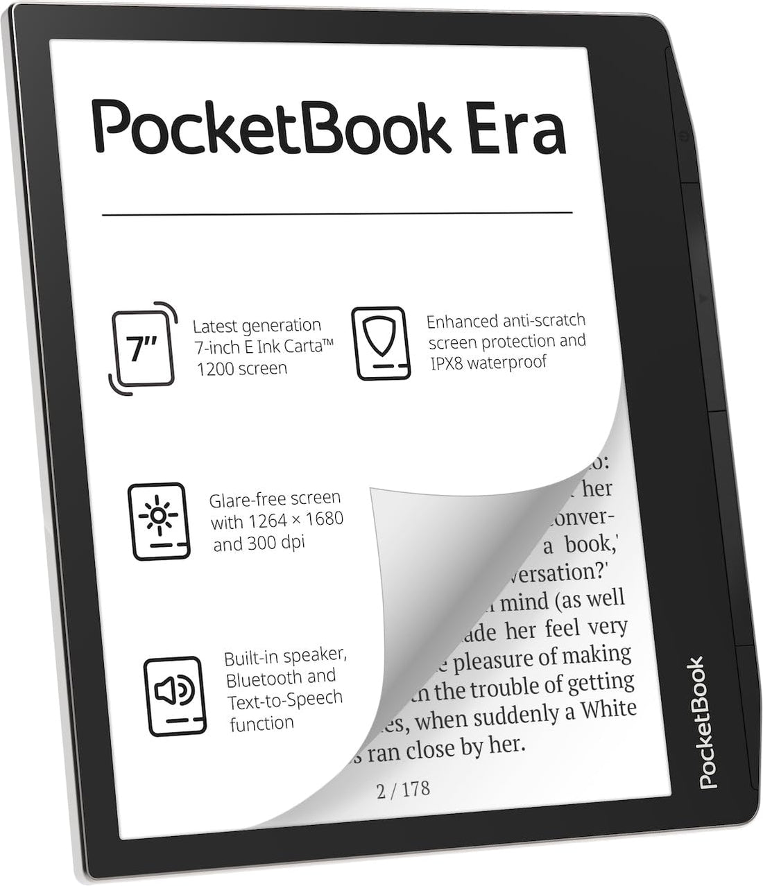 Pocketbook Era E-Reader, Stardust Silver, 16GB | 7ʺ Glare-Free & Eye-Friendly Touch-Screen with E -Ink Technology | Waterproof | Text-to-Speech, Audio- & E-Book Reader | SMARTlight & Built-in Speaker